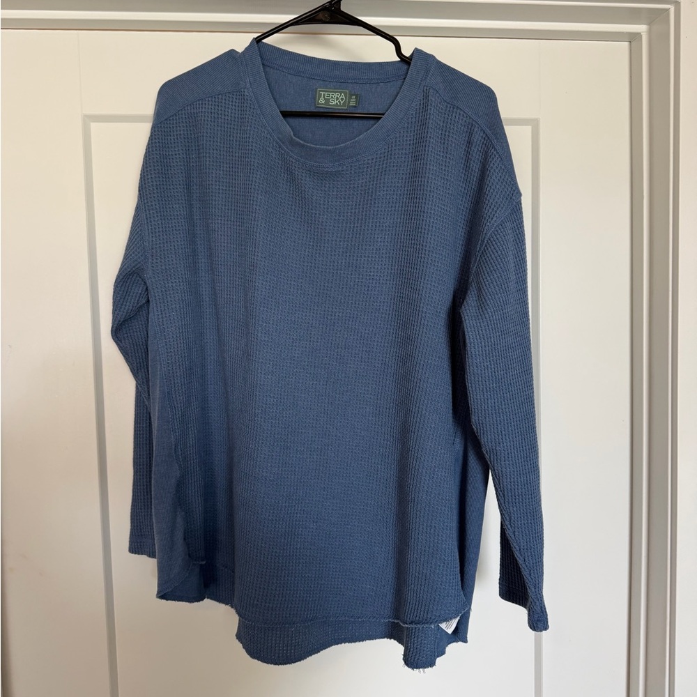 Blue Long Sleeve Waffle Knit Top